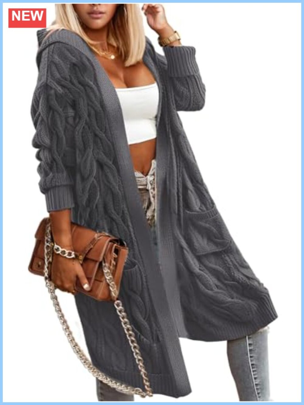 Oversized Cable Knit Hooded Cardigan Sweater with Pockets